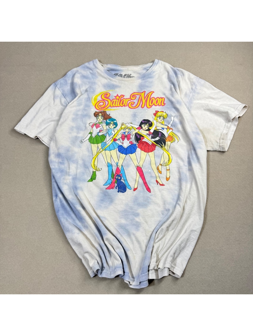 Sailor Moon Tie Dye Graphic Tee L Sailor Scouts Luna Anime T-Shirt Blue White